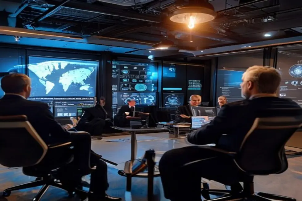 Executivos discutindo inovações em transmissão.