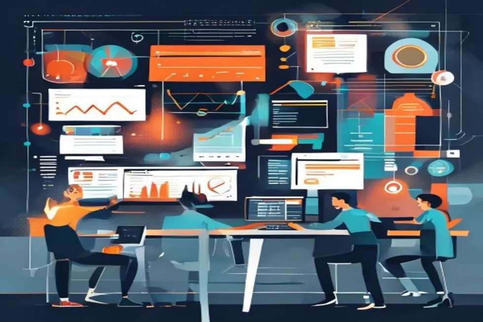 Representação dinâmica da automação de marketing com gráficos e ferramentas digitais.