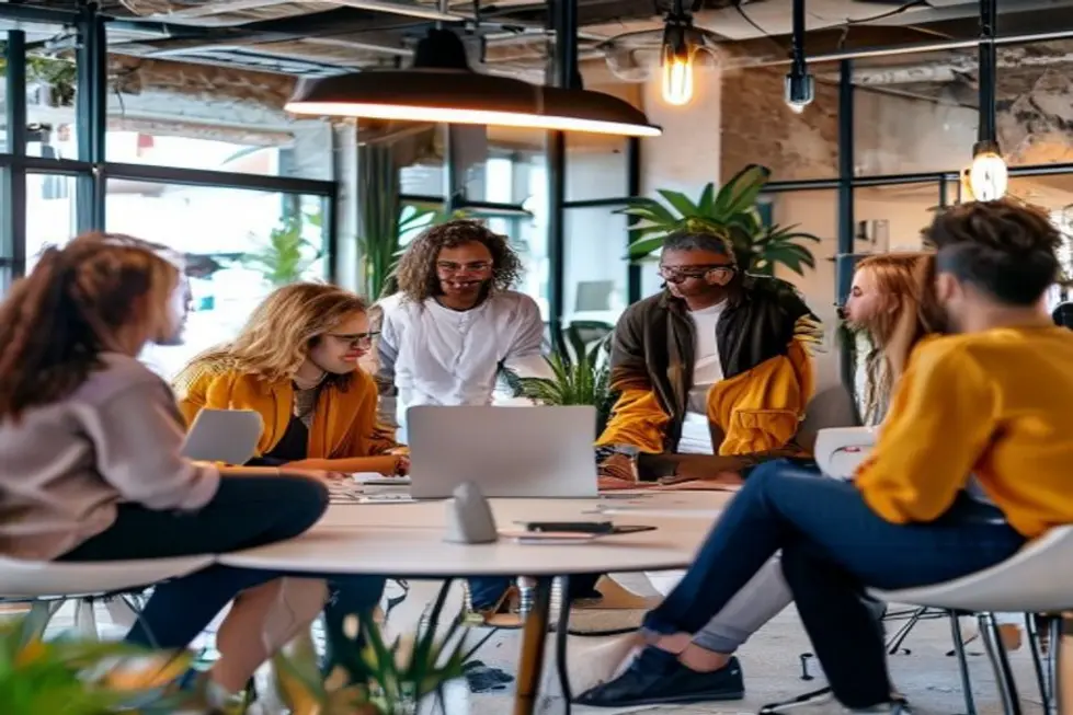 Um grupo diverso de profissionais de marketing digital colaborando em um espaço moderno, simbolizando trabalho em equipe e desenvolvimento de habilidades.
