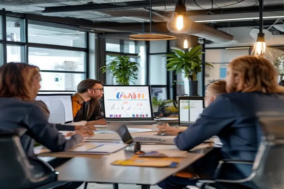 Equipe de negócios analisando estratégias de marketing em um ambiente moderno.