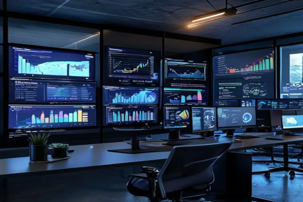 Espaço de trabalho digital com telas mostrando estratégias de marketing