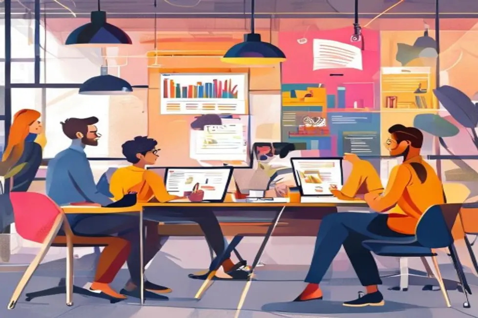 Profissionais em ambiente colaborativo discutindo marketing digital