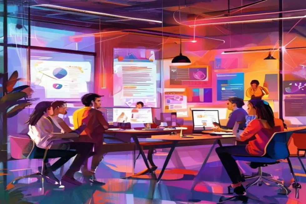Profissionais colaborando em um ambiente de marketing digital moderno.